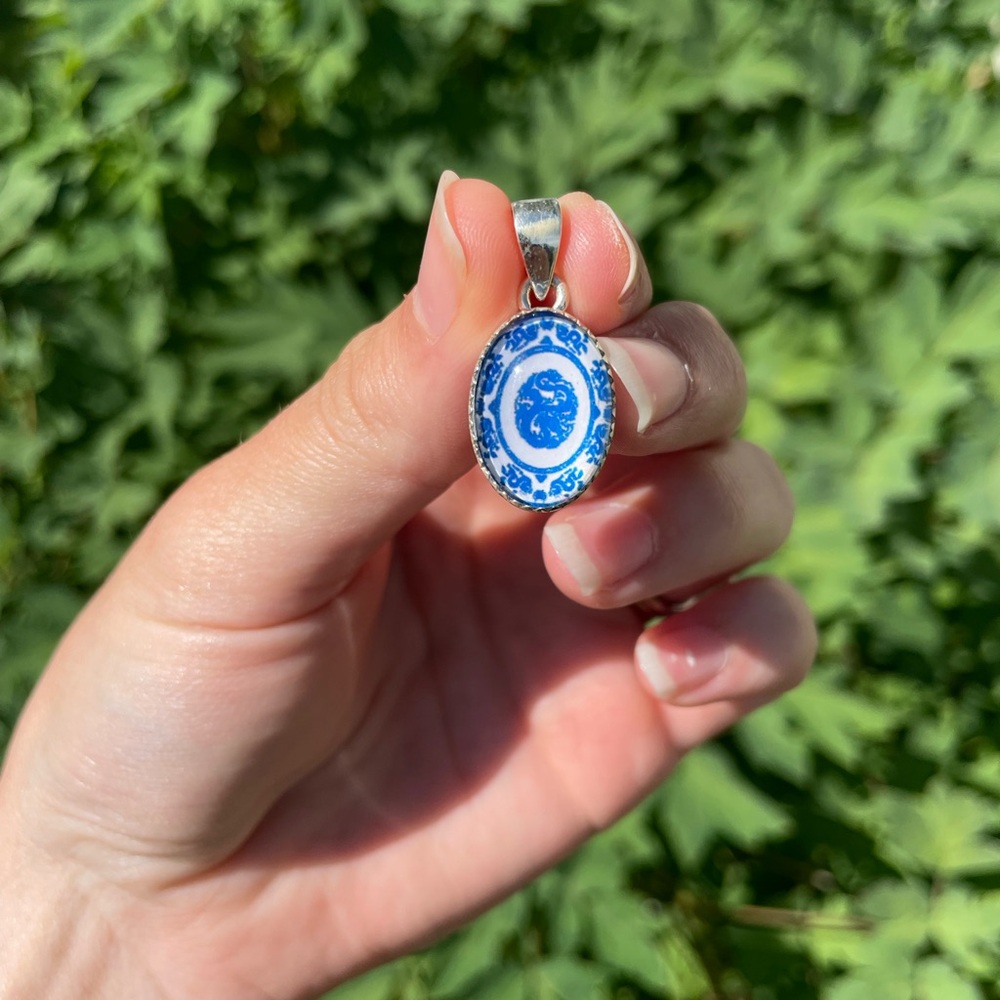 Elegant Blue Ceramic Under glass Pendant - Real Sterling Silver